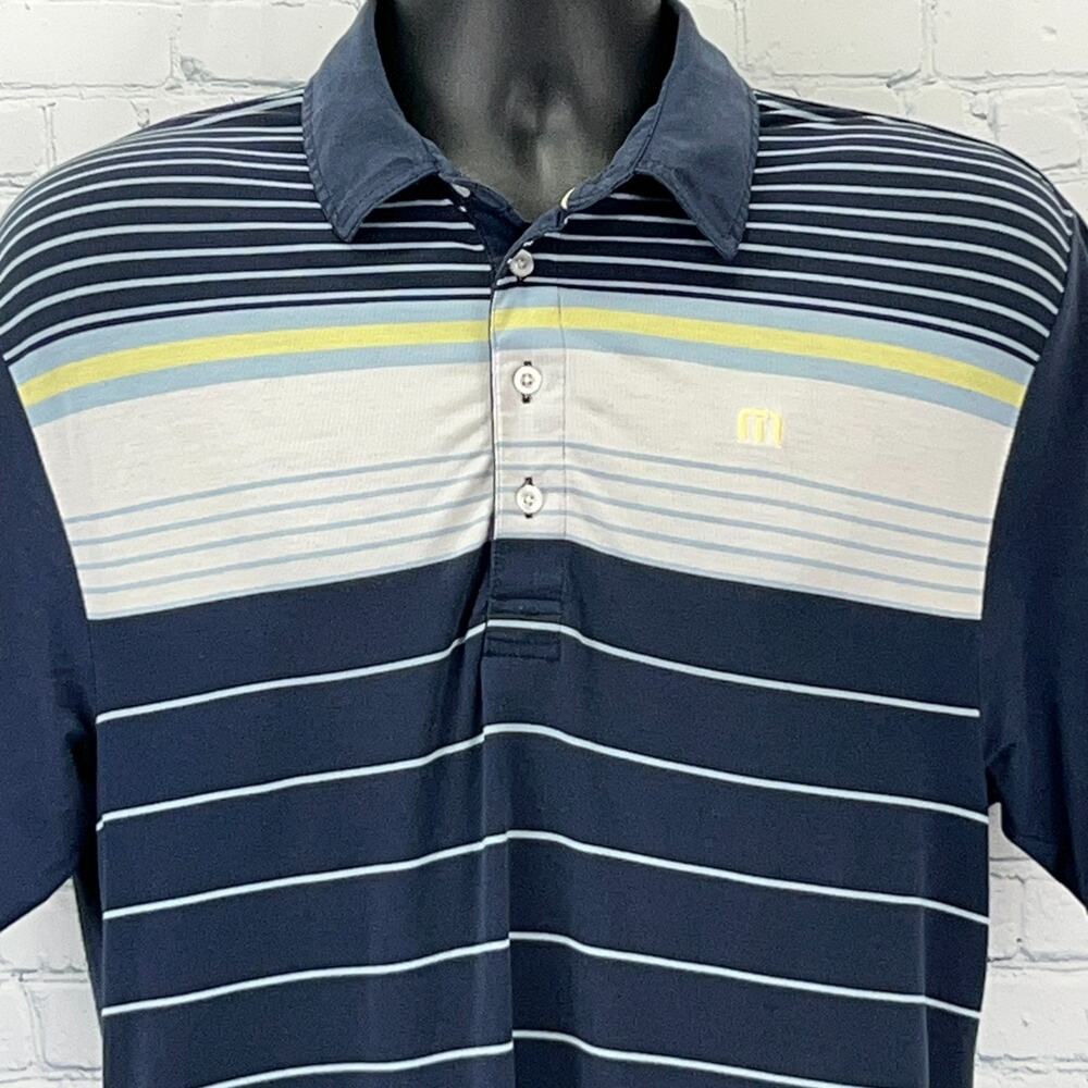 Travis Mathew Polo Shirt Blue Striped Golf Golfer Golfing Logo Mens M Medium